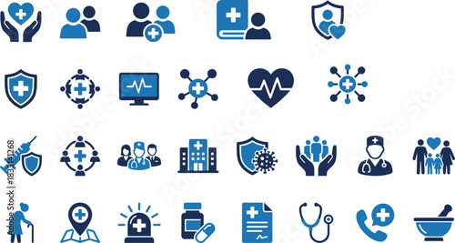 Healthcare icons, medical services vector, patient care symbols, health insurance graphics, hospital equipment illustration, blue tone design, wellness support, emergency aid, clinical tools set