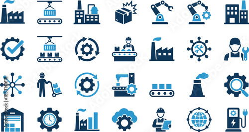 Industrial icons, manufacturing visuals, factory automation, production tools, logistics, machinery, workers, conveyor belt, warehouse, gear, energy, process flow, robotic arm, supply 