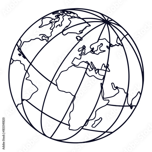 Outline drawing of a globe showing continents