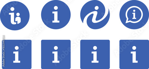 Information icons, help symbol vector, UI guidance graphic, lowercase i design, support interface elements, blue circular and square set