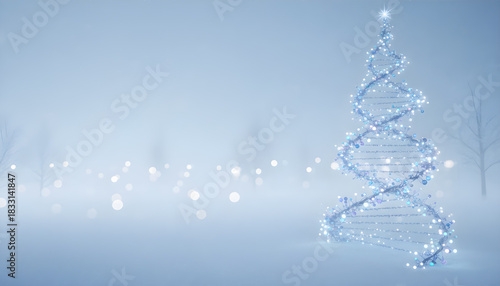 DNA helix shaped Christmas tree glowing softly against a serene blue and white winter landscape