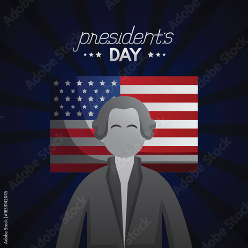 Stylized President’s Day illustration showing a leader silhouette against an American flag background with dramatic lighting.