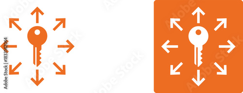Key access icon, directional arrows symbol, security graphic, data distribution design, orange vector set, unlock concept, control interface, tech element