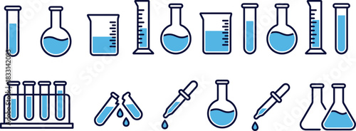 Lab icons, chemistry, glassware, test tube, beaker, flask, experiment, science, liquid, dropper, equipment, research, analysis, STEM