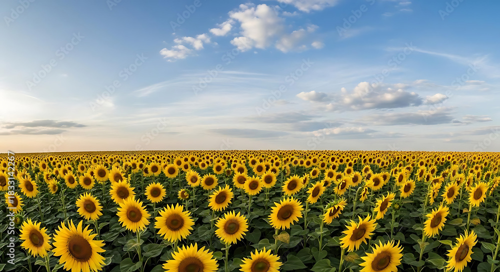 Obraz premium Expansive sunflower field under a partly cloudy sky at dusk stretching to the horizon line ai generated