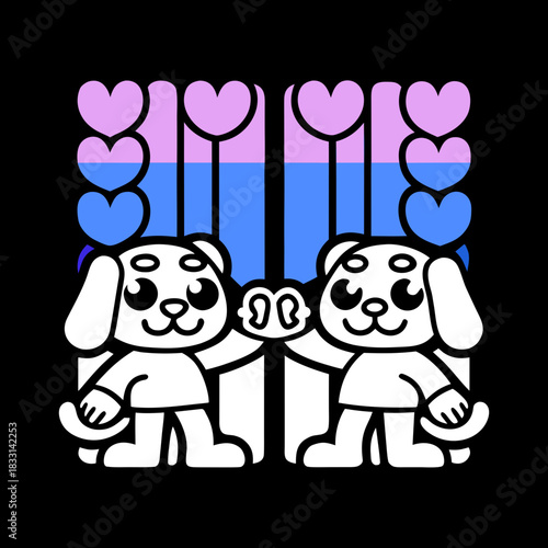 Two cartoon dogs holding hands with bisexual pride hearts