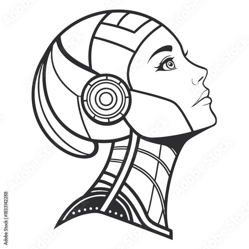 Outline drawing of a futuristic female cyborg head in profile