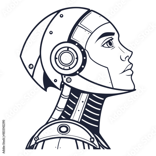 Profile view of a female cyborg head and neck