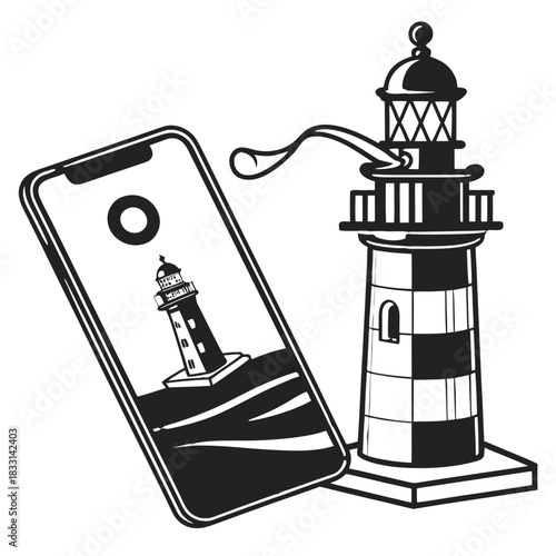 Smartphone displaying lighthouse image next to a real lighthouse