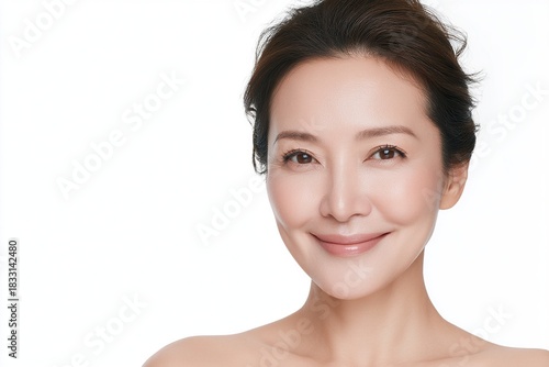 Beautiful woman with clear skin smiling at camera against white background, clean healthy facial features, side face focus for skincare product beauty effect advertisement.