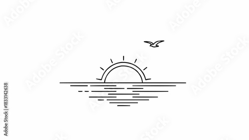 Minimalist line art illustration of a serene ocean sunrise.