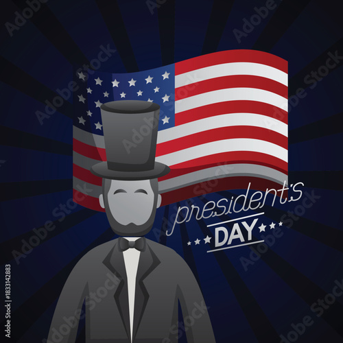 Stylized President’s Day illustration featuring a formal leader figure with an American flag backdrop and dramatic lighting. Ideal for patriotic and political-themed designs.