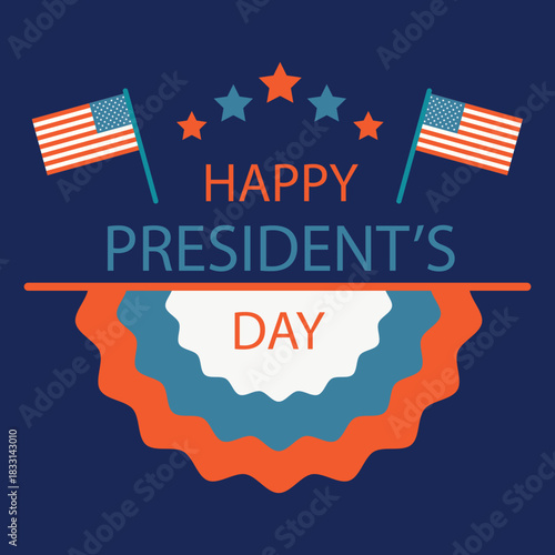 Modern President’s Day emblem design with flags, stars, and decorative badge elements in red, white, and blue. Suitable for web banners and holiday marketing.