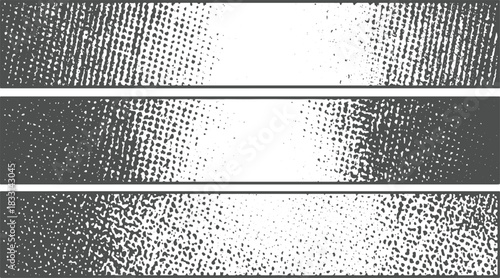 Three horizontal bands of grey and white halftone dot patterns fading from dense to sparse abstract background
