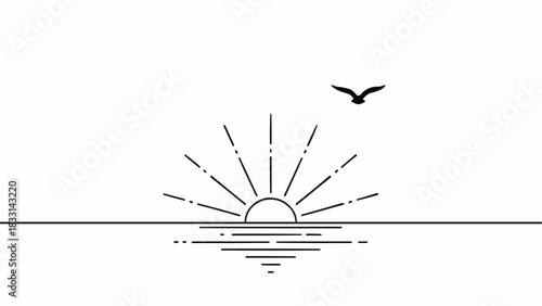 Minimalist sunrise over the ocean with a flying bird silhouette.
