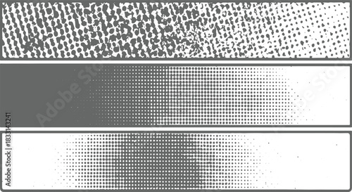 Three horizontal gray and white abstract halftone dot patterns with varying density and texture background