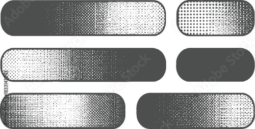 Six rounded rectangular shapes with halftone dot gradient patterns in gray and white abstract background