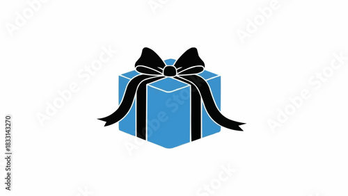 Blue Gift Box with Black Ribbon and Bow Isolated.