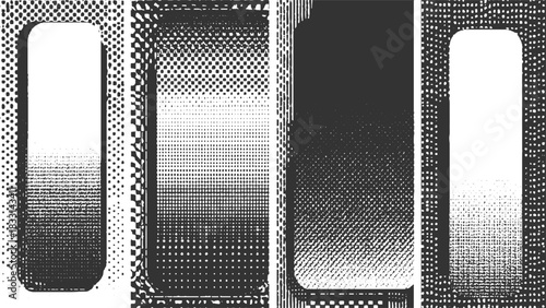Four abstract black and white halftone rounded rectangles with gradient patterns vector