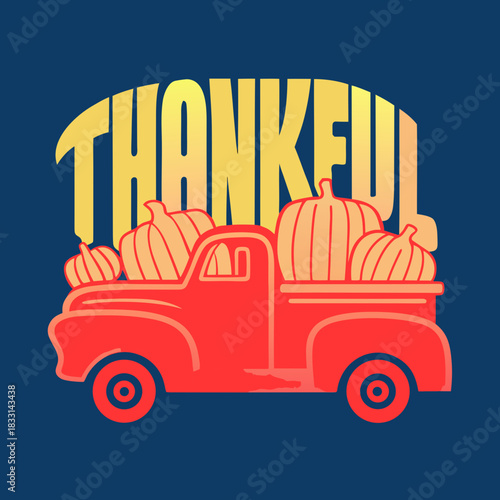 Vintage red truck carrying pumpkins with thankful text