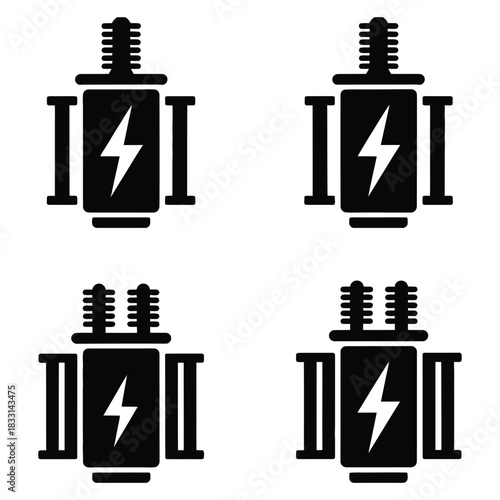 Set of Silhouette Transformer Electrical Power Supply Unit for Voltage Energy Equipment Electricity Device Convert Current Industrial Electric System Substation