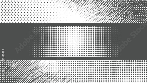 Gray and white abstract halftone dot and line patterns across horizontal bands background texture