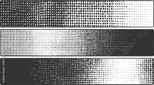 Three horizontal bars with black and white halftone dot patterns and gradients abstract background