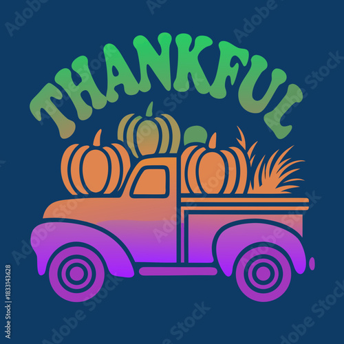 Vintage truck with pumpkins and thankful text autumn