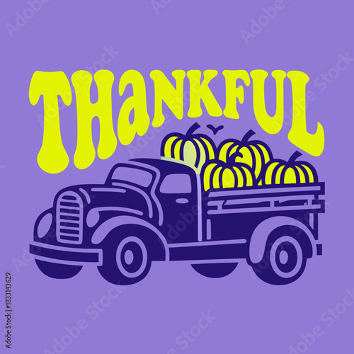 Vintage truck with pumpkins and thankful text autumn 2