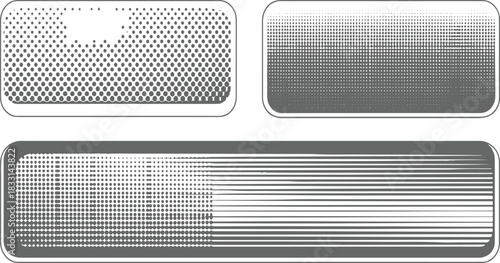 Three rounded rectangles with grey halftone dot patterns and line patterns abstract background