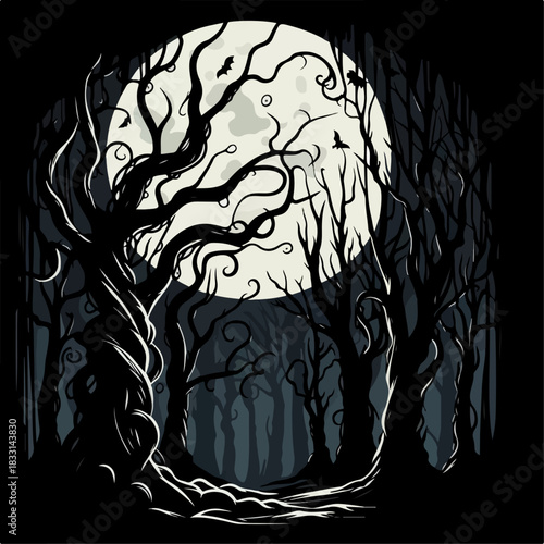 Vector illustration of a forest with a spooky full moon