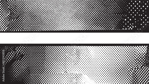 Black and white halftone dot pattern with grunge texture and diagonal lines abstract background