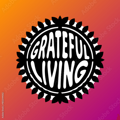 White circular emblem grateful living with leaf design