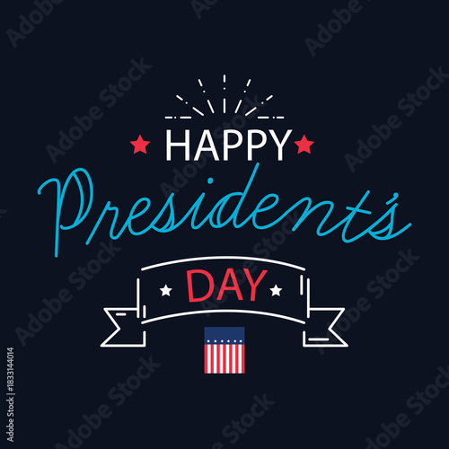 Elegant Happy President’s Day typography design with stars, ribbon elements, and an American flag icon on a dark background. Perfect for holiday greetings and U.S. patriotic designs.