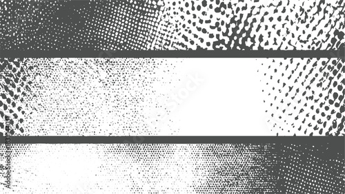 Three horizontal bands of gray and white abstract halftone dot patterns background texture