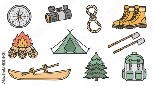 Illustration of camping equipment including a tent, campfire, compass, binoculars, and backpack icon set