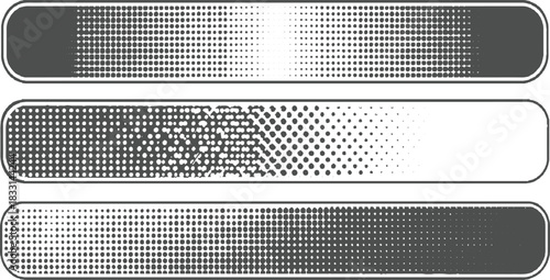 Three rounded rectangular bars with grayscale dot patterns fading from solid to transparent abstract