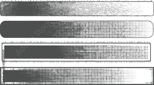 Four horizontal grey bars with halftone dot patterns fading from dense to sparse abstract background