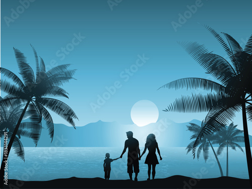 Romantic silhouette of a couple walking along a beach at sunset with palm trees and a glowing horizon. Peaceful and dreamy tropical scene.