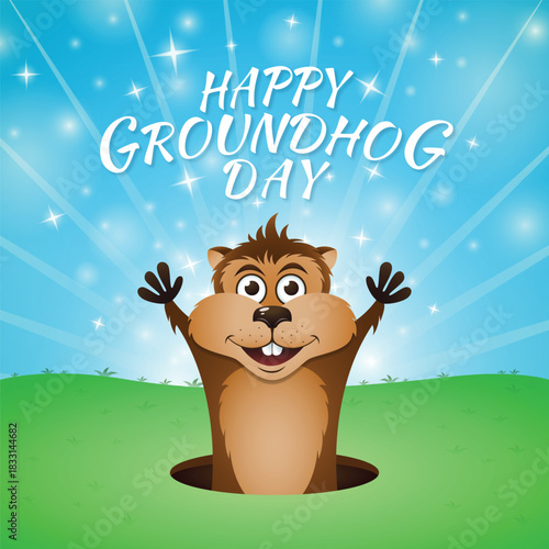 Happy cartoon groundhog popping out of its burrow with raised hands and a bright blue festive background. Joyful Groundhog Day celebration artwork.