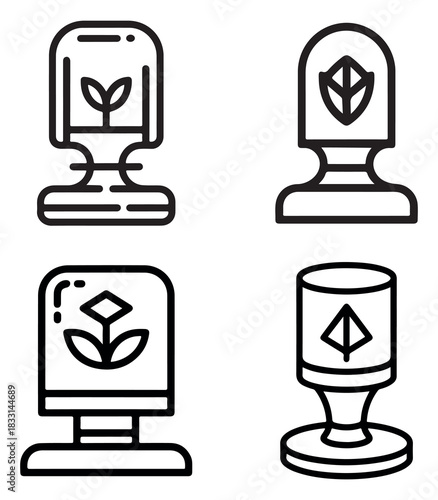 Green finance blockchain technology stamp outline set with financial icons and digital network symbols silhouette