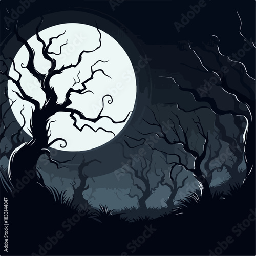 Vector illustration of a forest with a spooky full moon