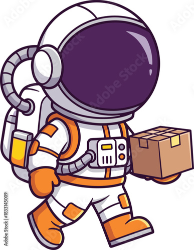 Cartoon astronaut with package — whimsical space character in white suit holding cardboard box, blending sci-fi with everyday delivery