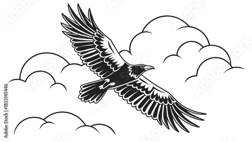Bold raven soars through stylized clouds, a symbol of freedom and mystery, perfect for logos, tattoos, and designs needing a touch of mythical power