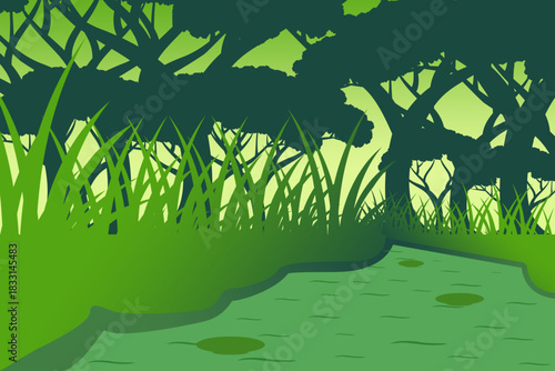 Wetland with Tree silhouette vector landscape. Wetland background vector. Wetland day background