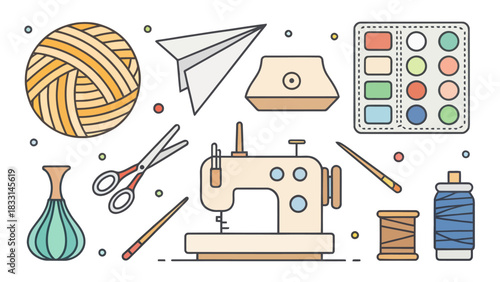 Illustration of sewing machine, yarn ball, scissors, paint palette, and other crafting related objects