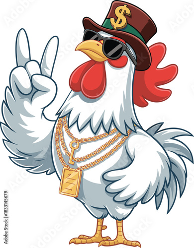 Hip-hop chicken cartoon — flashy farm character with dollar hat, gold chains, “Z” pendant, sunglasses, and confident rock-on pose