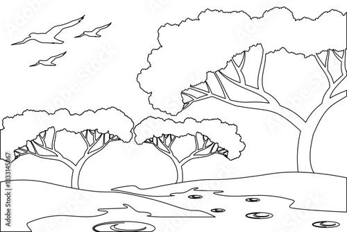 Wetland vector background, Nature wetland outline drawing vector
