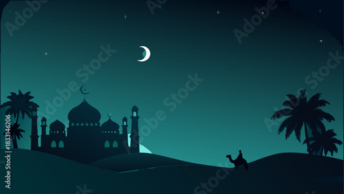 Silhouette of mosque and camel under moonlit sky