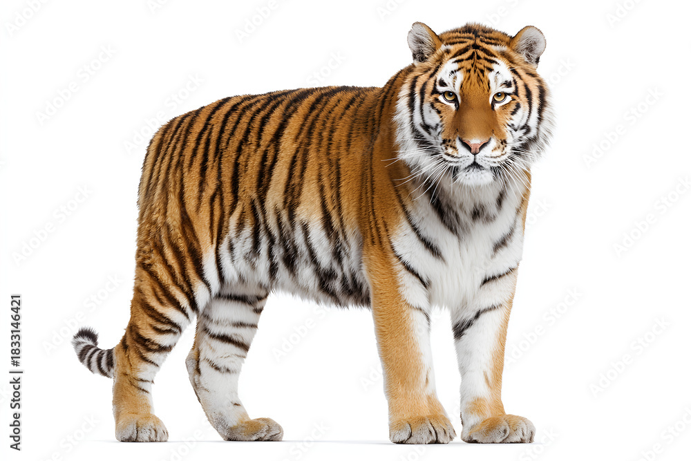 Fototapeta premium A majestic tiger, a powerful animal and apex predator of the Asian wildlife, stands alert and isolated on a pure white background, its intense gaze fixed forward.